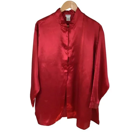 VTG Lingerie Cacique Red Satin Women 2 Pajama Set Mandarin Collar Frog Closure M - Picture 3 of 13